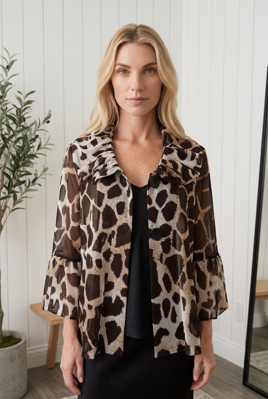 Damee Inc Sz M Brown Leopard Print Mesh Jacket Sheer Artsy Boho